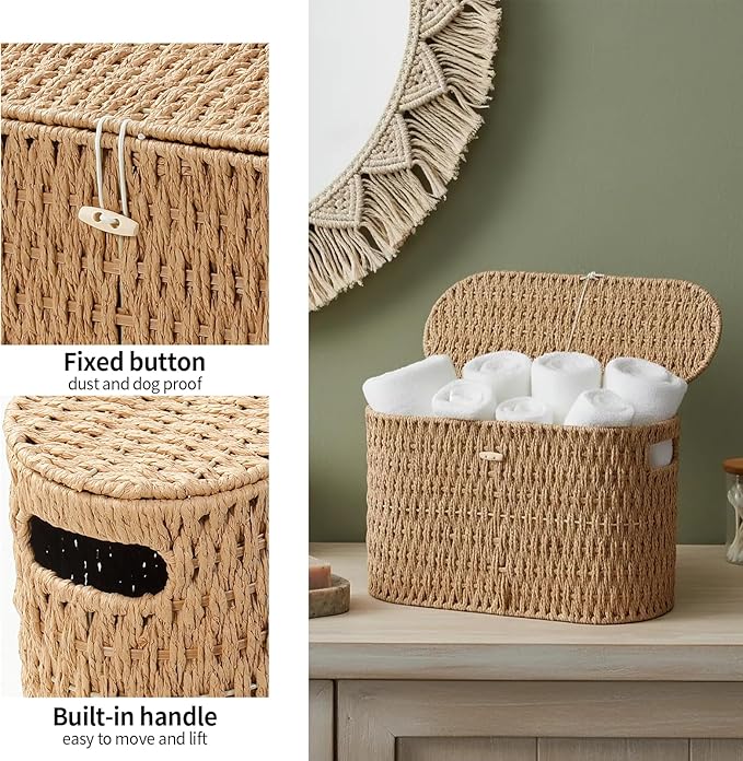 Toilet Paper Basket with Lid, Paper Rope Decor Basket - Image 4