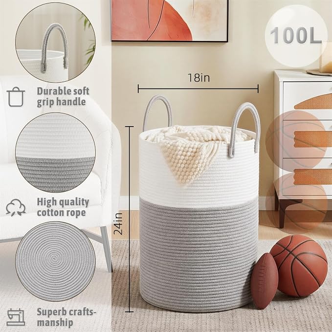 Laundry Basket, Woven Cotton Rope Laundry Hamper, 100L - Image 6