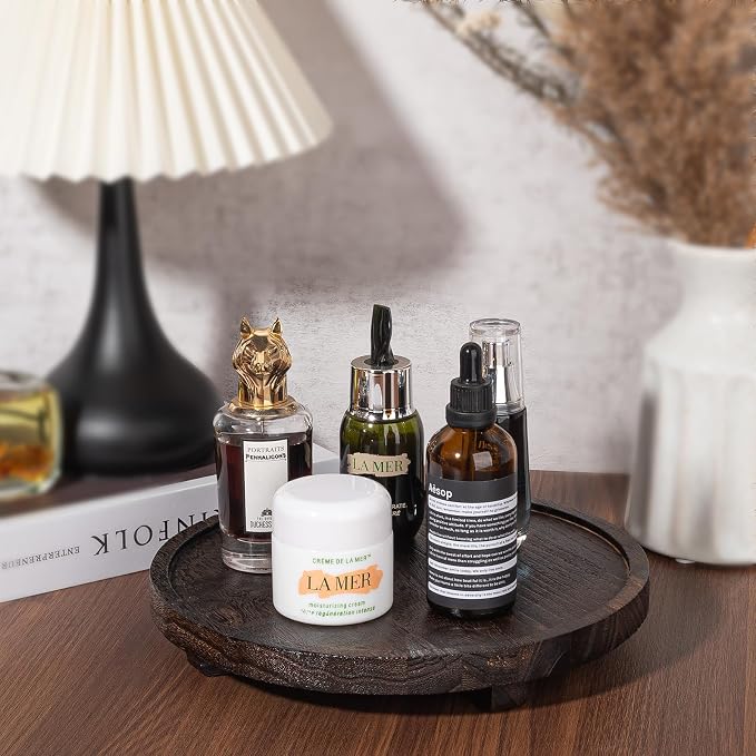 Round Decorative Tray Wood Bathroom Counter Organizer Farmhouse Kitchen Decor - Image 2