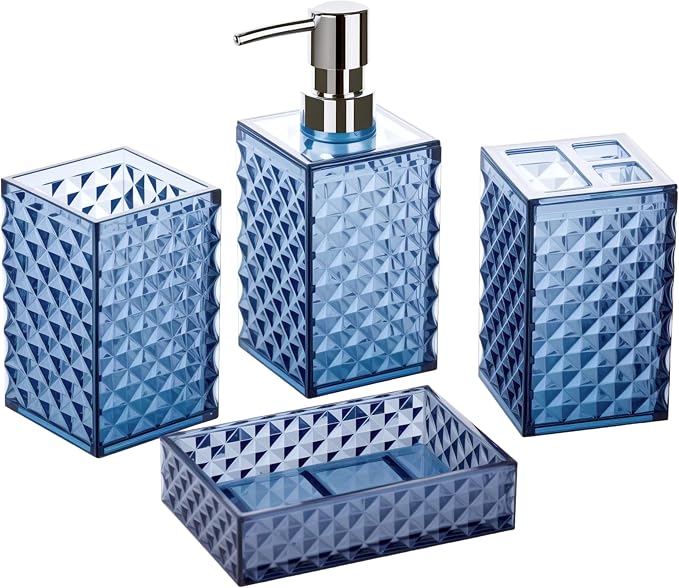 Blue Bathroom Accessories Set, Diamond Pattern Bathroom Soap Dispenser and by AKCEYON