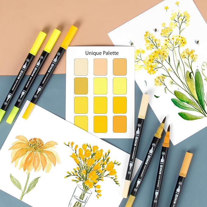 Yellow Duo Tip Marker Pens, 12 Pack Fine & Brush Markers - Image 5