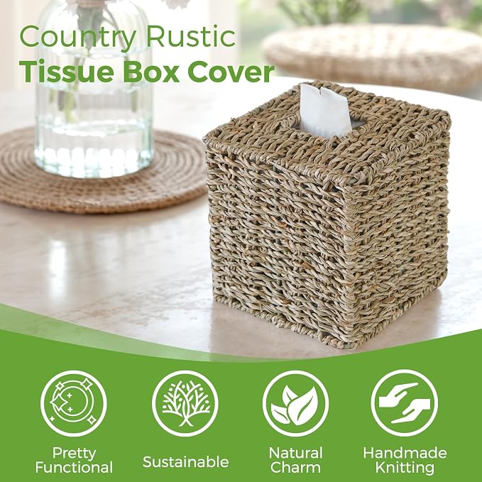 2 Pack Seagrass Tissue Box Cover, Wicker Tissue Box Holder Square, Hand Woven - Image 2