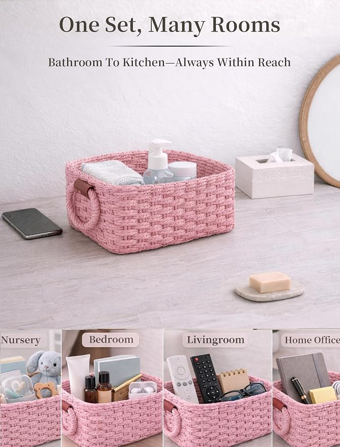 Storage Basket, Recycled Paper Rope Bathroom Basket Organizer, Mini wicker - Image 6