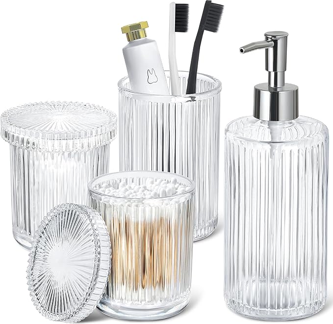 Bathroom Accessories Set, 4 Pack Clear Glass Bath Accessory Sets Complete by RYTOXILOBrightenUpYourHome