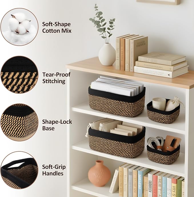 5-Pack Small Woven Rope Storage Baskets – 2 Sizes Organizer Bins - Image 3