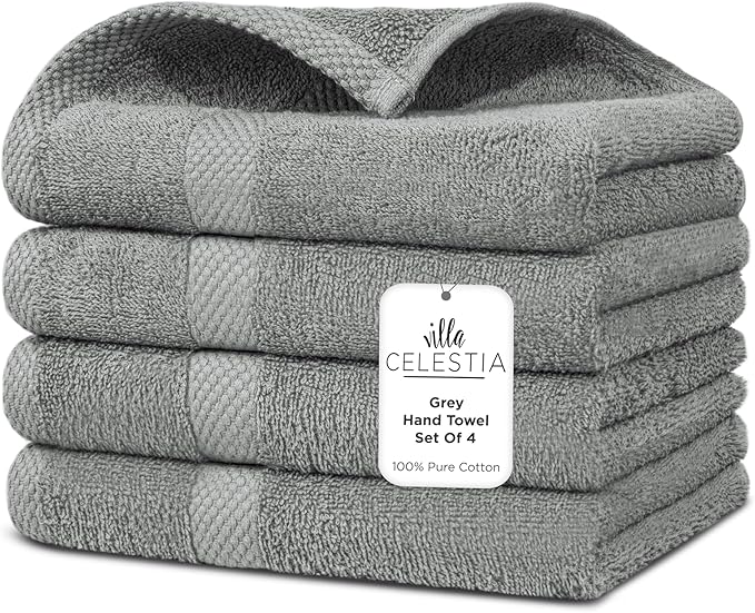 100% Cotton Hand Towel Set of 4, Sustainable, Highly Absorbent, Quick Drying by VillaCelestia
