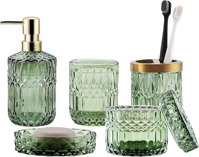 Green Bathroom Accessories Set, Soap Dispenser, Soap Dish, Toothbrush Holder Set by LaMarriti
