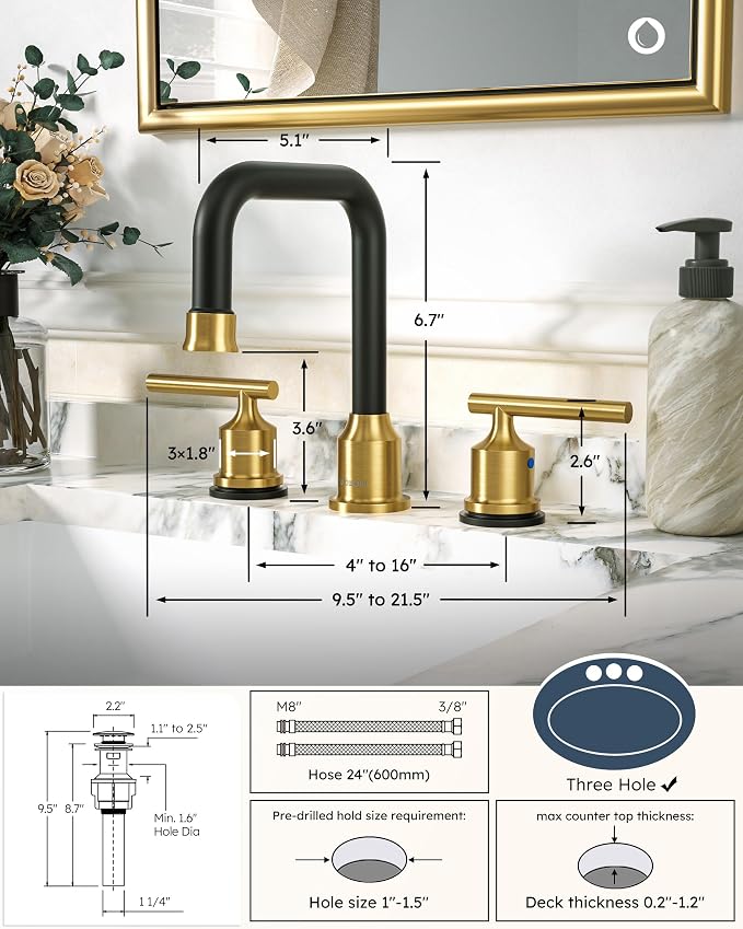 WOWOW Widespread Bathroom Faucet 3 Hole Bathroom Sink Faucet 2 Handle Vanity - Image 7