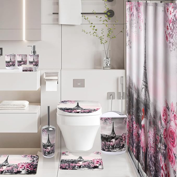 Bathroom Accessories Set with Shower Curtain Bath Rugs Pink Paris Bathroom - Image 9
