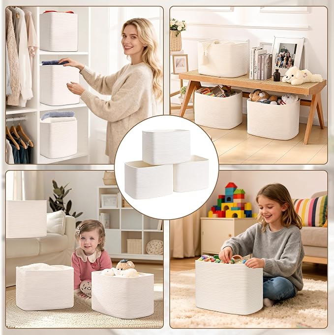 3 Pack Cube Storage Bin, 17”x12”x12” Cotton Rope Woven Baskets - Image 7