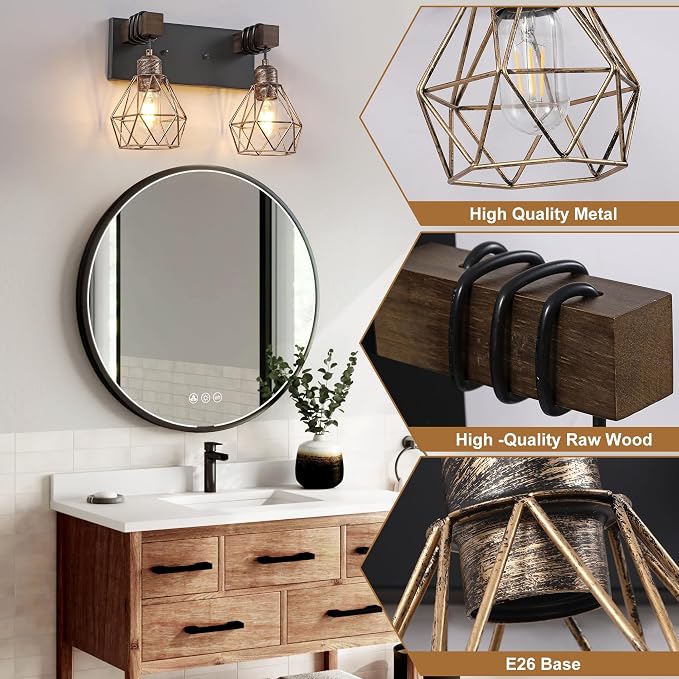 Farmhouse Bathroom Vanity Light Fixtures, 2-Light Wood Bathroom Light Fixtures - Image 4