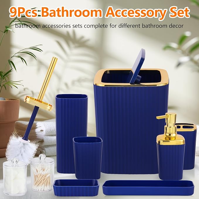 Bathroom Accessory Set, 9 Pieces Navy Blue Bathroom Accessories Set - Image 2