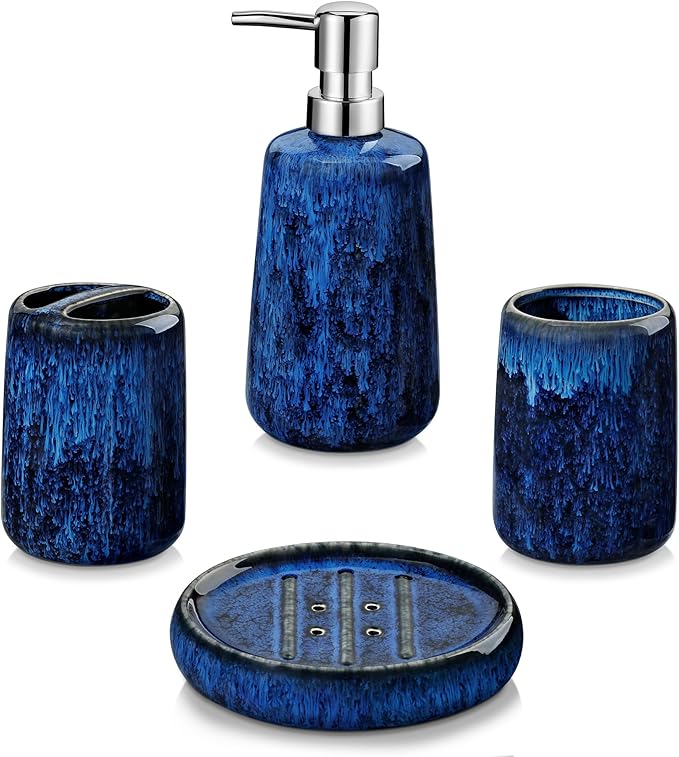 vancasso Blue Bathroom Accessories Set, Ceramic Soap Dispenser and Toothbrush by vancasso