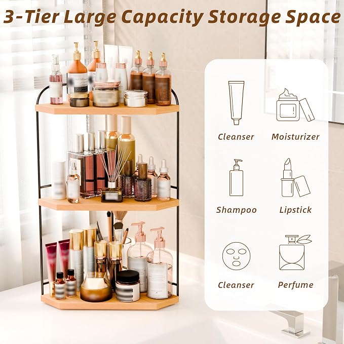 Corner Bathroom Counter Organizer, 3-Tier Wood Countertop Organizer - Image 2