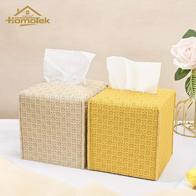 HOMOTEK 2 Pack Tissue Box Cover, Square PU Leather Tissue Holder, Decorative - Image 6