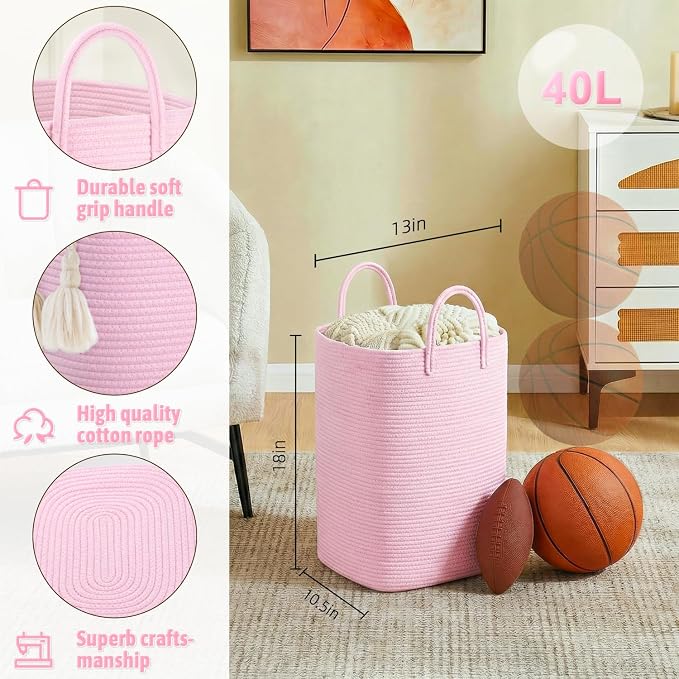 Laundry Basket, Woven Cotton Rope Laundry Hamper, 40L Versatile Storage - Image 2