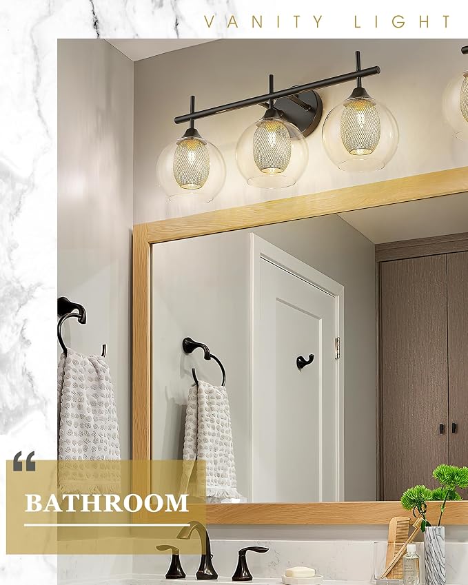 Bathroom Light Fixtures, 3-Light Black and Gold Vanity Lights Over Mirror - Image 6