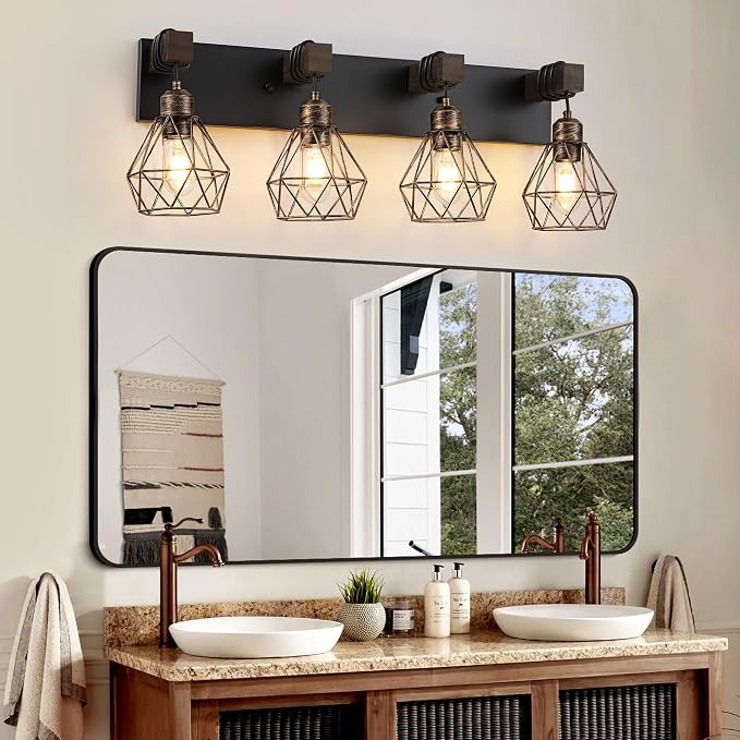 Farmhouse Bathroom Vanity Light Fixtures, 4-Light Black Gold Bathroom Light - Image 2
