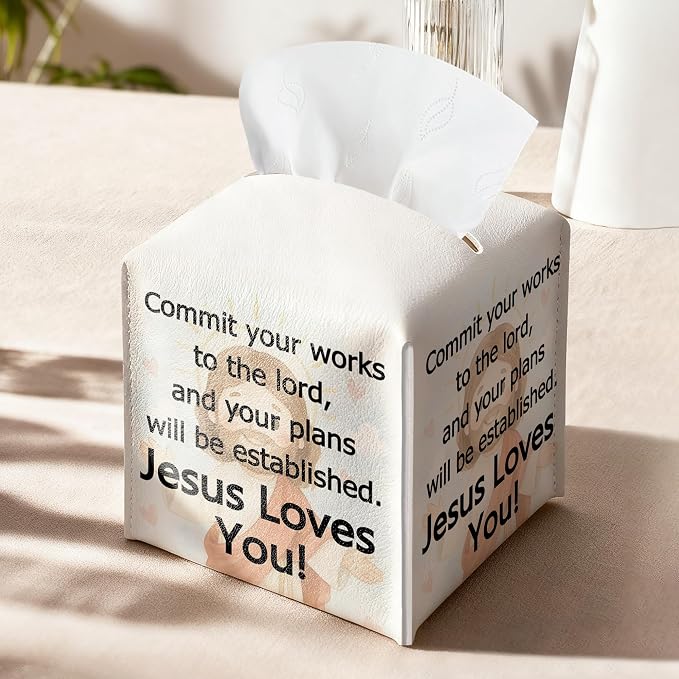 Christian Square Tissue Box Cover, PU Leather Drawstring Bottom - Image 9