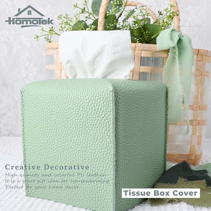 HOMOTEK 2 Pack Tissue Box Cover, Square PU Leather Tissue Holder, Decorative - Image 5