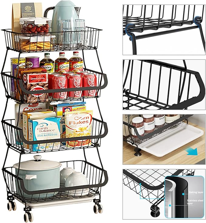 Metal Wire Baskets with Wheels, Stackable Storage Bins Kitchen Organizer Shelf - Image 3