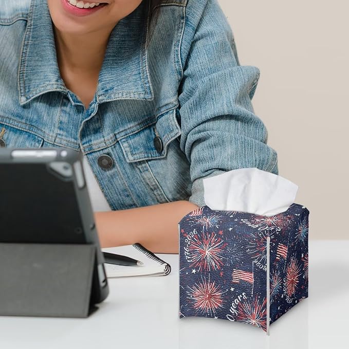 Firework USA Flag Tissue Box Holder Waterproof PU Leather Square Modern Tissue - Image 6