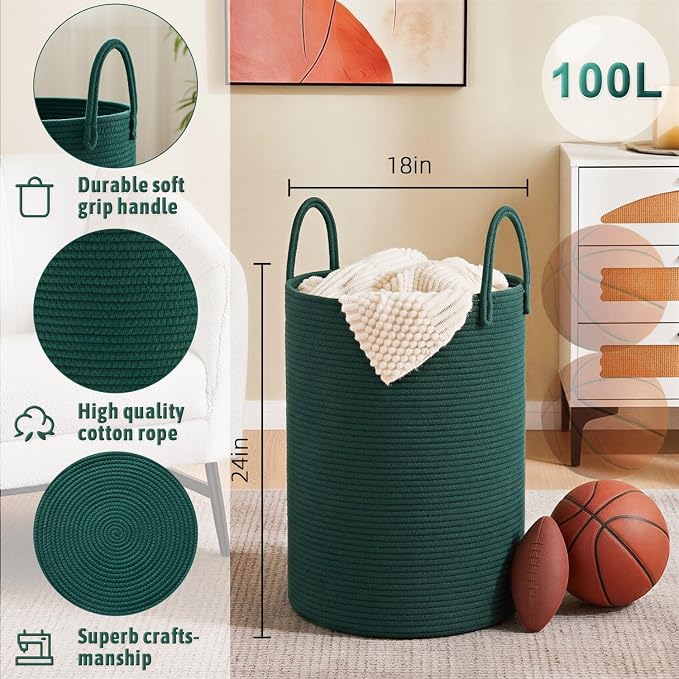 Laundry Basket, Woven Cotton Rope Laundry Hamper, 100L - Image 6