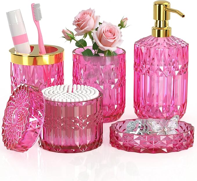 Hot-Pink Glass Bathroom Accessories Set 5 Pcs, Hot-Pink Bathroom Set, Soap by QIQU