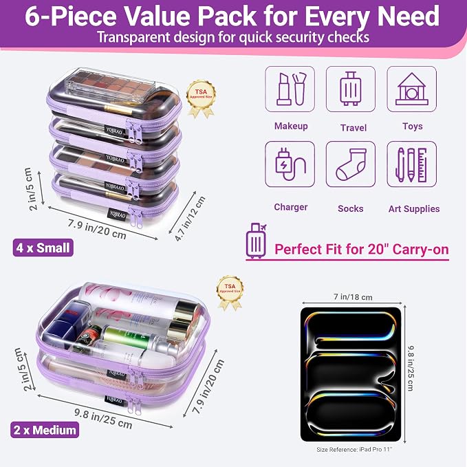 6 Pack Clear Hard Shell Zipper Case, Hard Plastic Organizer Pouches - Image 4