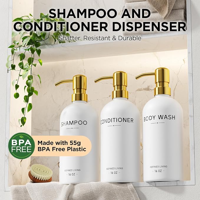 Shampoo and Conditioner Dispenser Set, 3 Refillable 16oz Bottles - Image 5