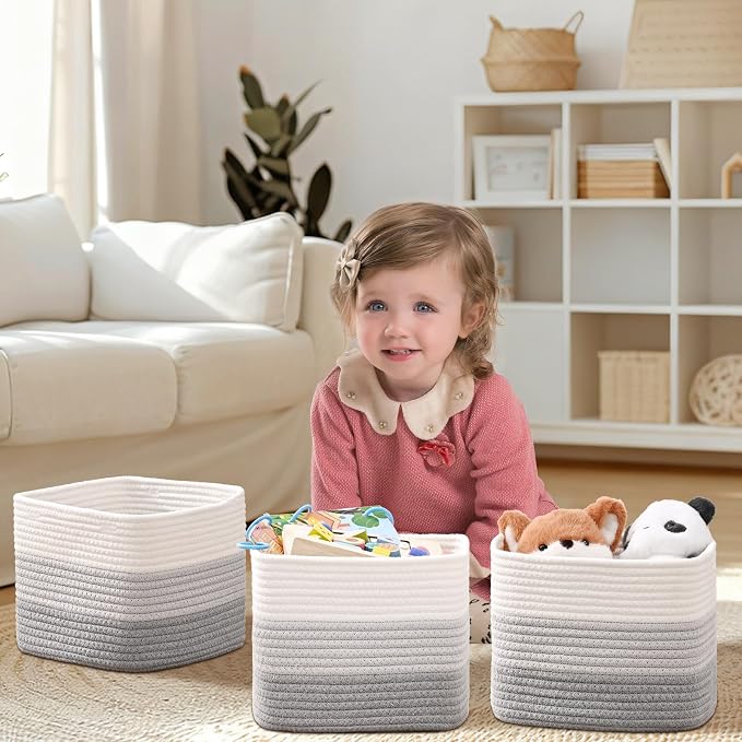 3 Pack Cube Storage Bin, 9”x9”x7” Cotton Rope Woven Baskets - Image 2