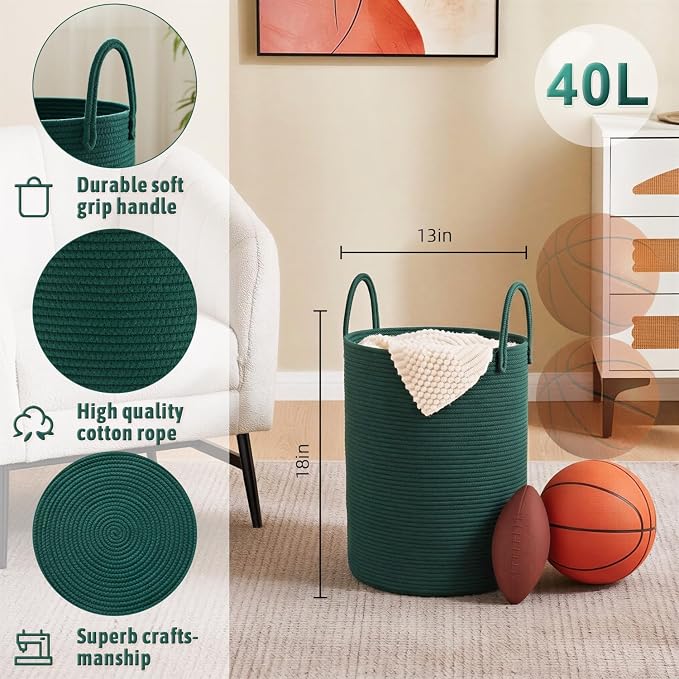 Laundry Basket, Woven Cotton Rope Laundry Hamper, 40L - Image 6