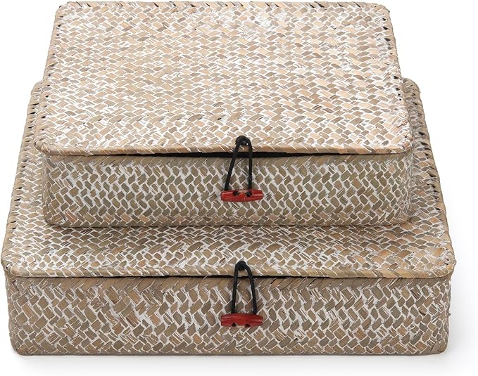 Whitewash Seagrass Basket with Lid Rectangular Decorative Storage Boxes - Image 2