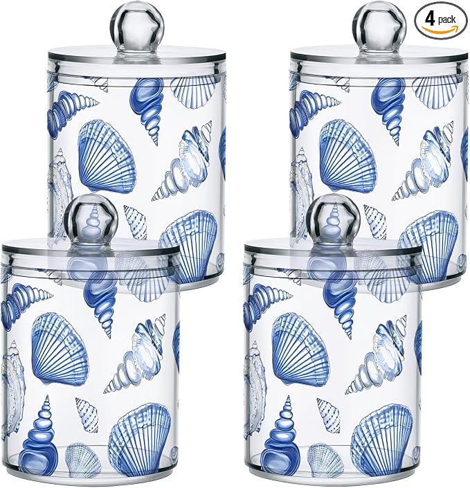 4 Pack Qtip Holder Dispenser Blue Seashells Ocean Nautical Coastal Cotton Ball by ALAZA