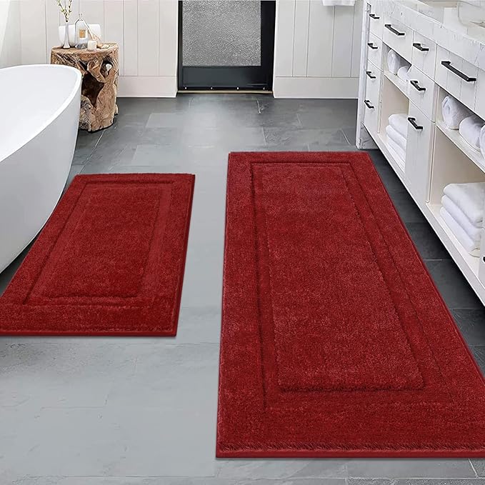 SHACOS Red Bathroom Rugs Sets 2 Piece 32x20 + 47x20 inch, Microfiber Non Slip by SHACOS
