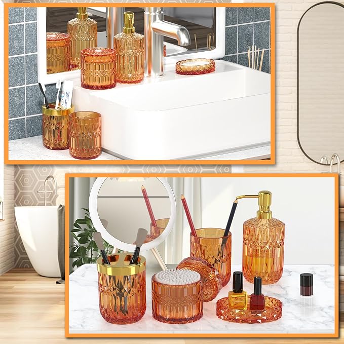 Orange Glass Bathroom Accessories Set 5 Pcs, Soap Dispenser and Toothbrush - Image 7