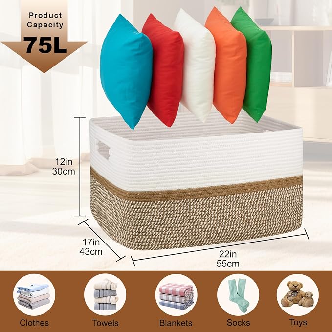 OIAHOMY Large Blanket Basket, 22”x17”x12” Rectangle Woven Baskets, Nursery - Image 3