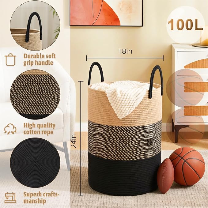 Laundry Basket, Woven Cotton Rope Laundry Hamper, 100L - Image 6