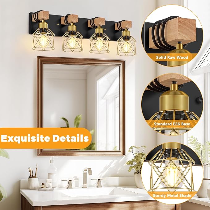 FadimiKoo Farmhouse Bathroom Vanity Light Fixtures, 4-Light Wood Bathroom - Image 3