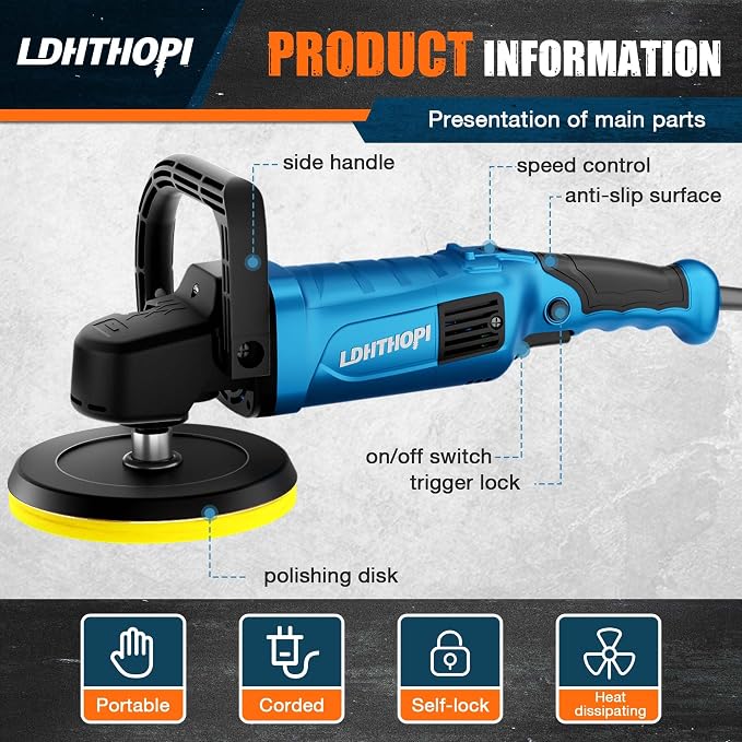 LDHTHOPI Buffer Polisher, 1800W 6 inch/7 inch Rotary Buffer Polisher Waxer - Image 4