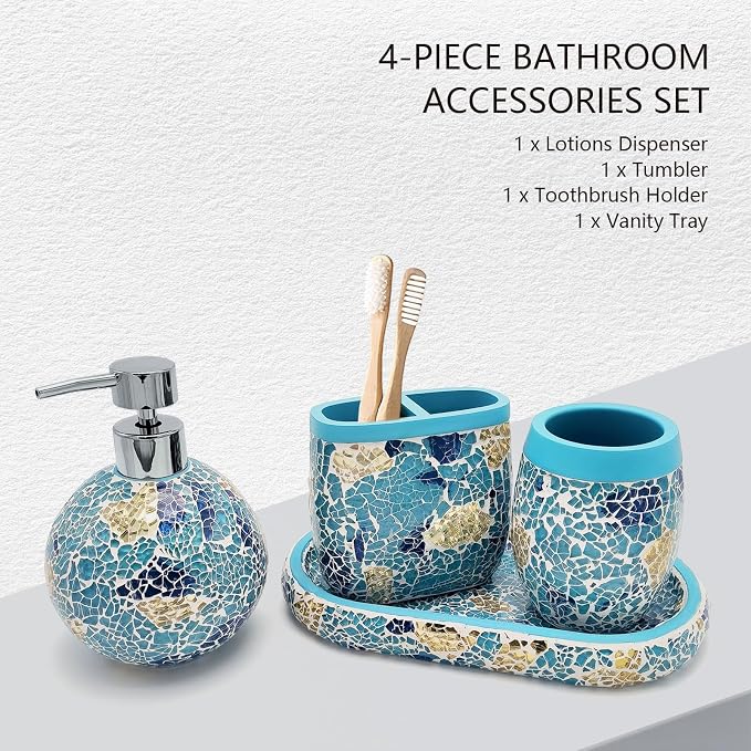 Handmade Blue Mosaic Glass Bathroom Accessory Sets 4PCS Bathroom Accessories - Image 2