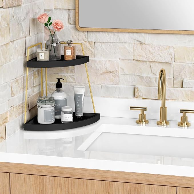 Forbena Black and Gold Corner Bathroom Counter Organizer, Modern Kitchen - Image 2