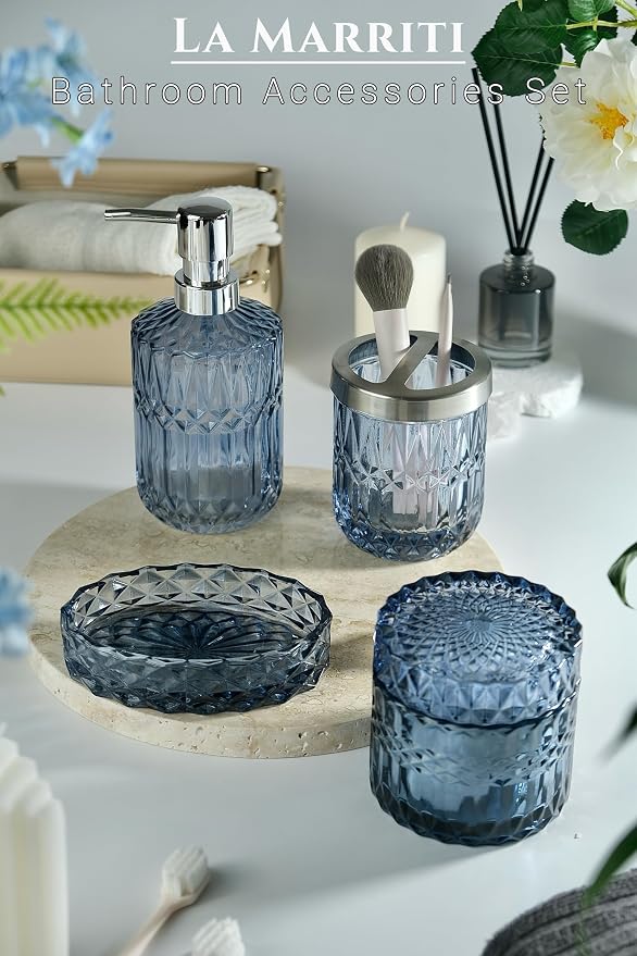 Blue Bathroom Accessories Set, Lotion Soap Dispenser, Toothbrush Holder - Image 2