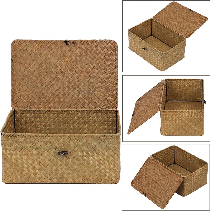 Wicker Storage Basket with Lid, Natural Seagrass Woven Shelf Basket - Image 6