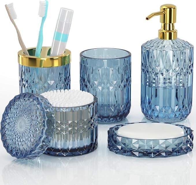 Blue Bathroom Accessories 5 Pcs, Glass Bathroom Accessory Set, Vintage Blue by QIQU