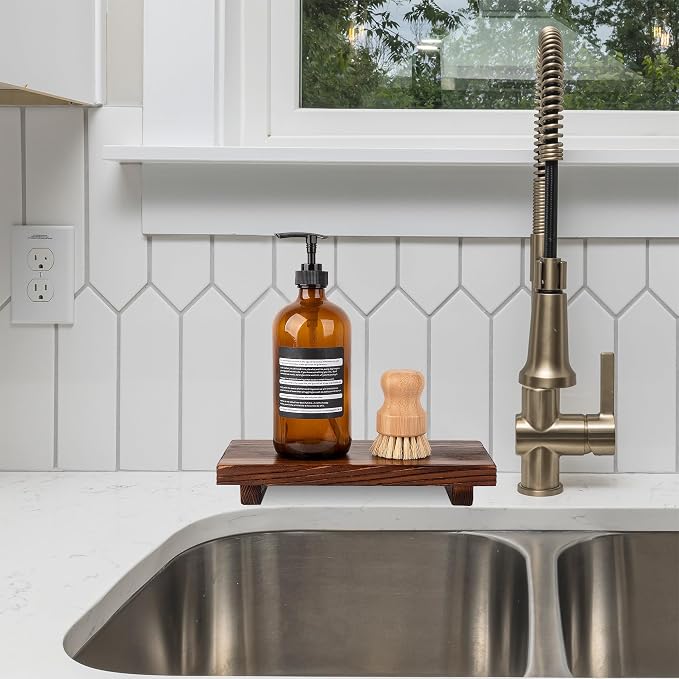 Bathroom Counter Organizer Wood Pedestal Stand Farmhouse Decorative Tray Soap - Image 2
