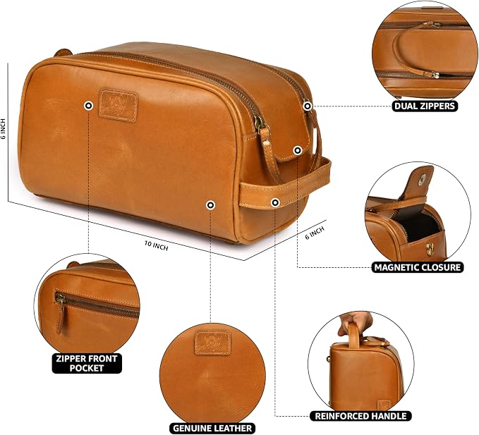 Premium Leather King Size Toiletry Travel Pouch – Handcrafted Dopp Kit Bag - Image 2