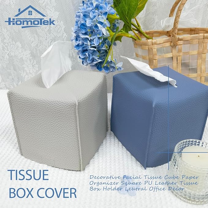 HOMOTEK 2 Pack Tissue Box Cover, Square PU Leather Tissue Holder, Decorative - Image 6