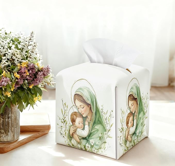 Holy Infant & Virgin Mary Square Tissue Box Cover, PU Leather Drawstring Bottom - Image 3