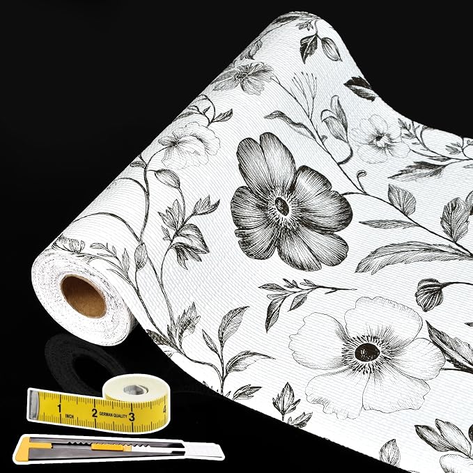 Drawer and Shelf Liner Black Flowers 12in x 20FT, Non Adhesive Anti-Slip Double by Adwann